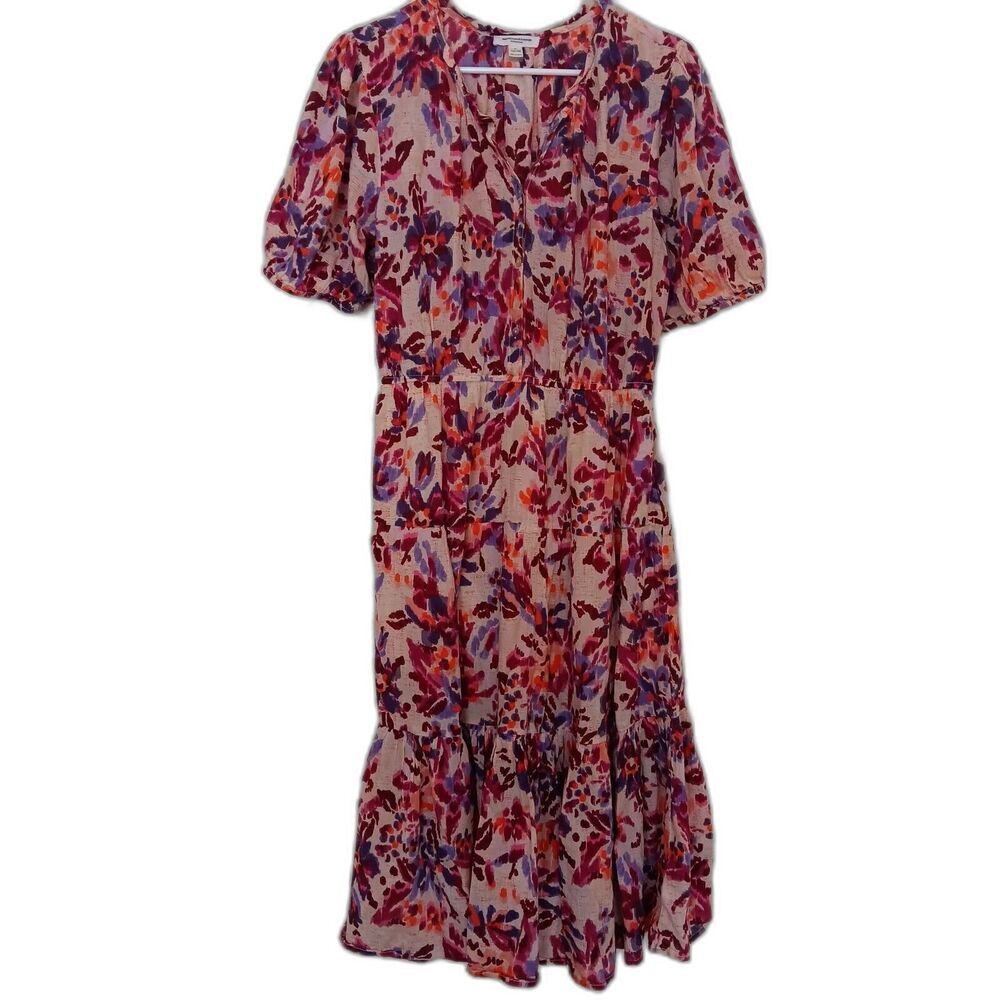 BeachLunchLounge Midi Dress Sz L Floral A Line Cotton V neck Ruffle Cottagecore